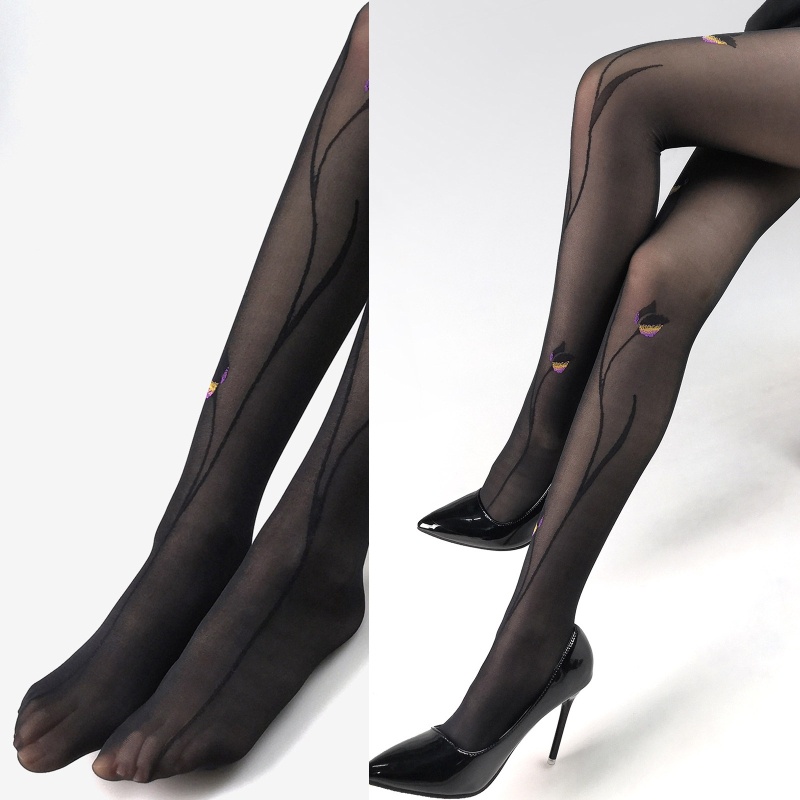 Xiangbao Quần Tất Lụa Mỏng Vintage Gợi Cảm Màu Đen Hoa Hồng Jacquard Cho Nữ