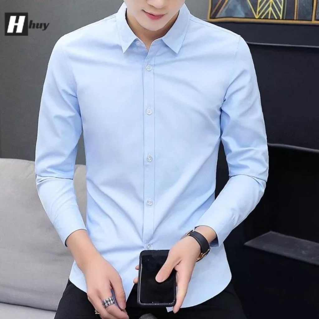 Áo sơ mi nam dài tay trơn công sở màu xanh nhạt, chất vải mềm mịn, form dáng chuẩn mẫu mới hot trend 2022