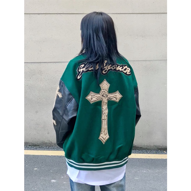 Áo bomber Miuzi unisex,áo bóng chày thêu hình thánh giá phối tay da DT048