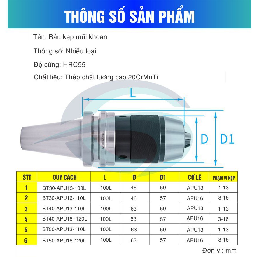 Bầu kẹp mũi khoan BT30-40-50 APU08/13/16 hàng chính hãng, giá ưu đãi