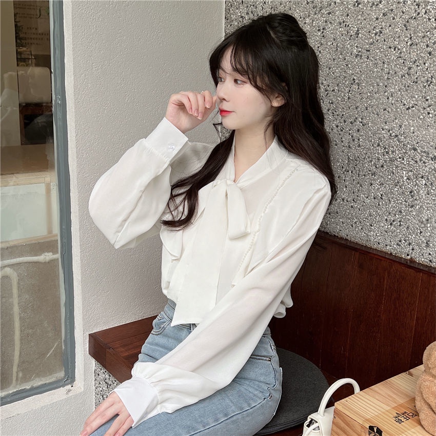 Áo Sơ Mi Trắng Đính Nơ Phong Cách Phương Tây Cho Nữ