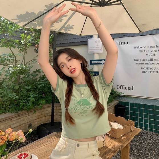 Áo thun ZHELIHANGFEI dệt kim ngắn tay cổ tròn màu tương phản thời trang dễ phối đồ