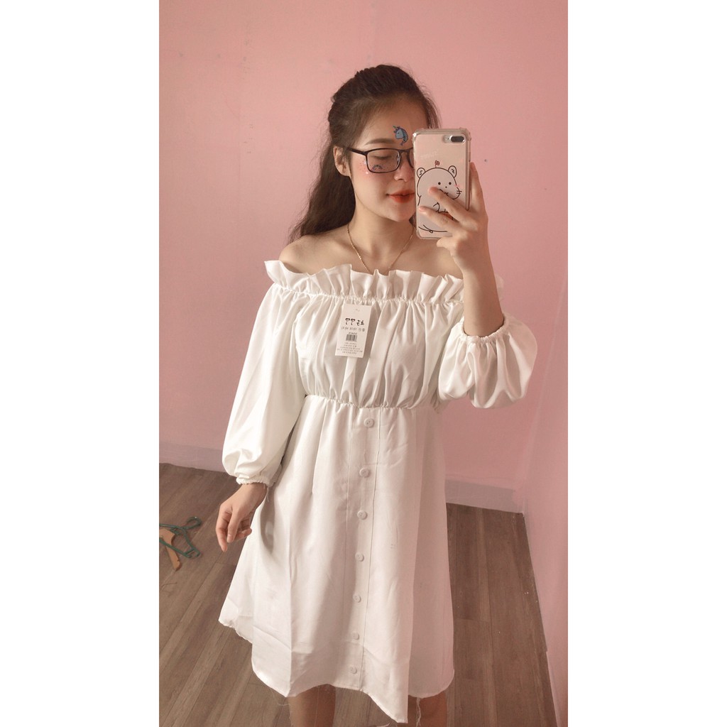 Đầm trắng trễ vai dáng xòe tiểu thư tay bồng trẻ trung cá tính/ Váy suông nữ triết eo phối cúc phong cách hàn quốc | BigBuy360 - bigbuy360.vn