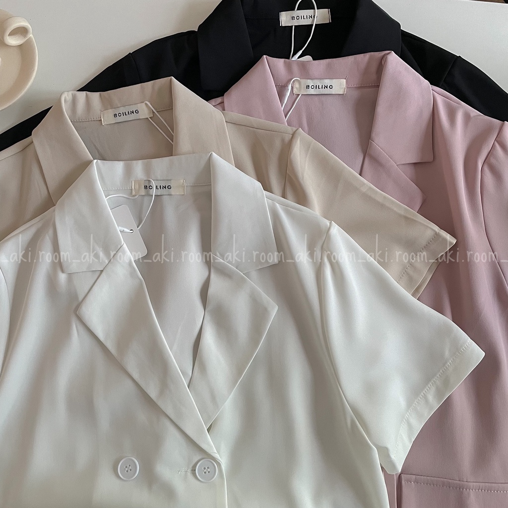 Áo blazer cộc tay một lớp bốn khuy form rộng vừa hai nắp túi giả 2216