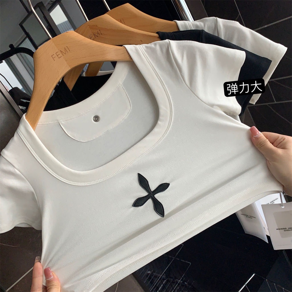Áo Thun Croptop Ngắn Tay Hai Màu Trắng Đen Thời Trang Cho Nữ
