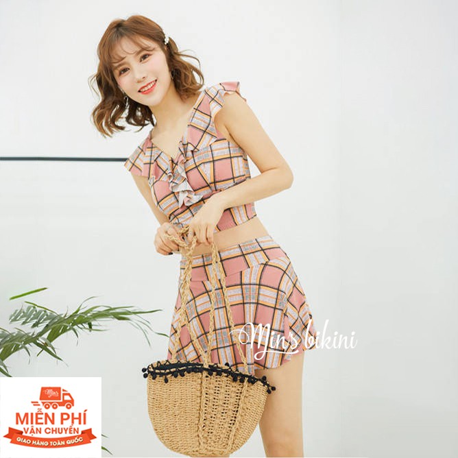 Bộ Đồ Bơi Đi Biển Nữ Bikini 2 Mảnh Hè 2019 Kẻ Caro Quần Váy Cạp Cao