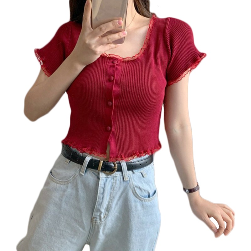Áo Khoác Cardigan Ngắn Tay Cổ Vuông Cài Nút Phối Ren Thời Trang Cho Nữ