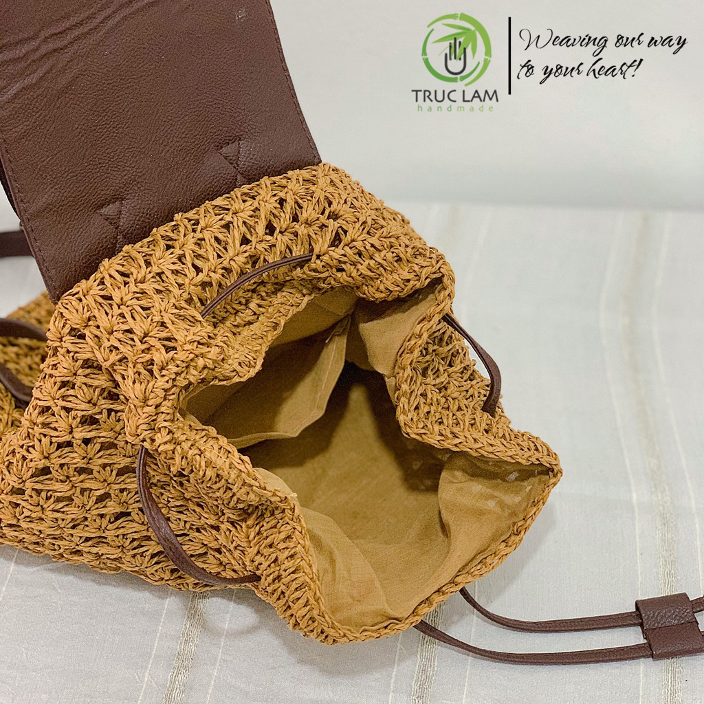 Balo Cói Thời Trang Nữ Nắp Da – Trúc Lâm Handmade