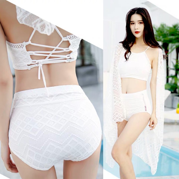 Bộ đồ bơi áo yếm cạp cao kèm khăn bộ bikini bơi gợi cảm 3 mảnh với màu đen quyến rũ