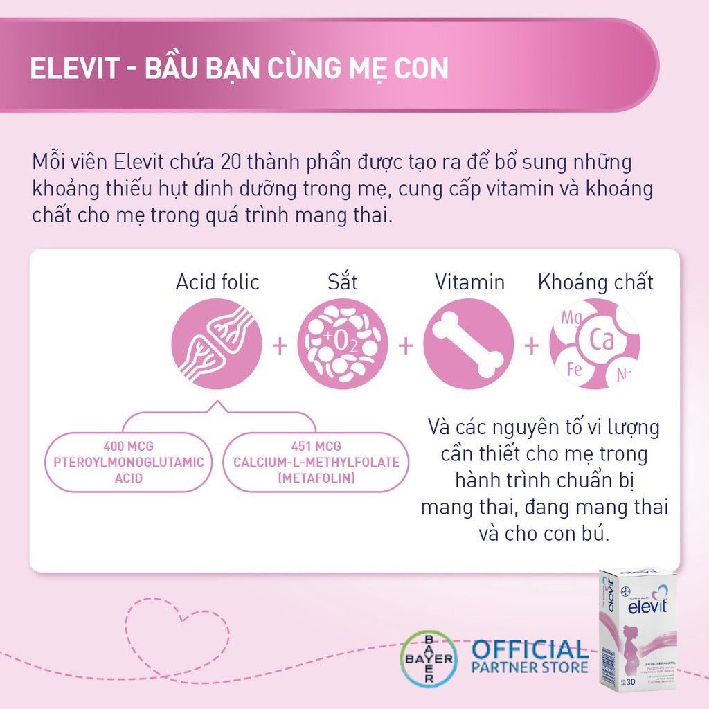 Hộp viên uống Vitamin tổng hợp Elevit cho mẹ bầu và sau sinh nhập khẩu chính hãng Bayer, hộp 30v