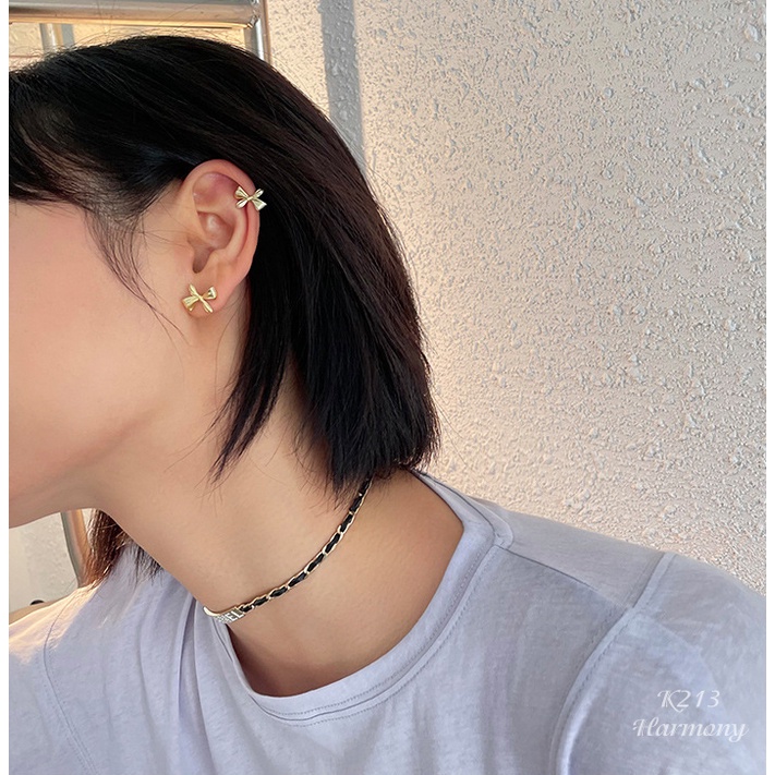 Bông, khuyên tai nữ bạc 925 cao cấp mạ vàng nơ mảnh kẹp vành sang chảnh HARMONY K213