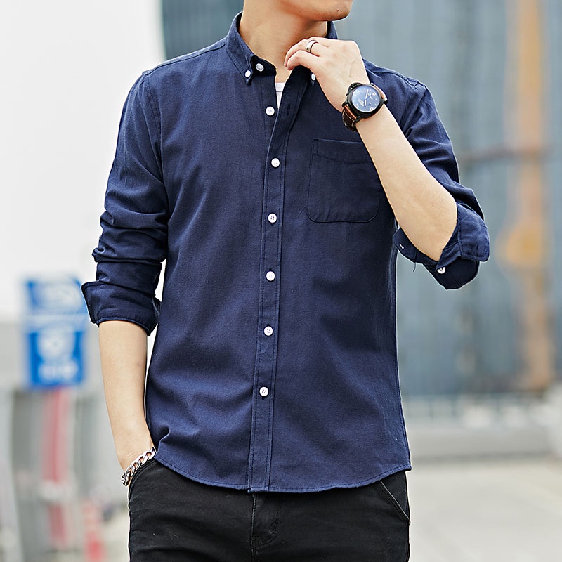 UNIQLO [Hàng Có Sẵn] Áo Sơ Mi Nam Dài Tay Vải Oxford Màu Trơn Dáng Ôm
