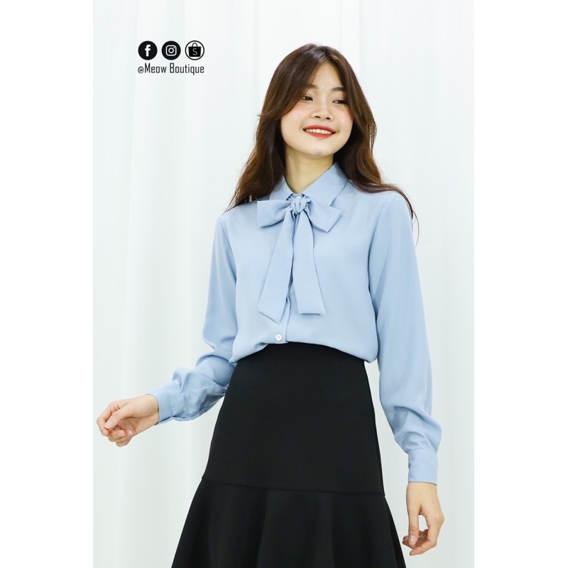 Sơ mi trơn tay dài thắt nơ 3 màu trending, chất Lụa mềm rũ mát, dây nơ có thể tháo rời mặc được nhiều kiểu Meow Boutique | BigBuy360 - bigbuy360.vn