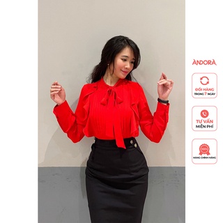Áo sơ mi kiểu nữ công sở tay dài Andora xếp li, thắt nơ, bánh bèo, trẻ trung, thanh lịch, chất liệu lụa cao cấp A0102T