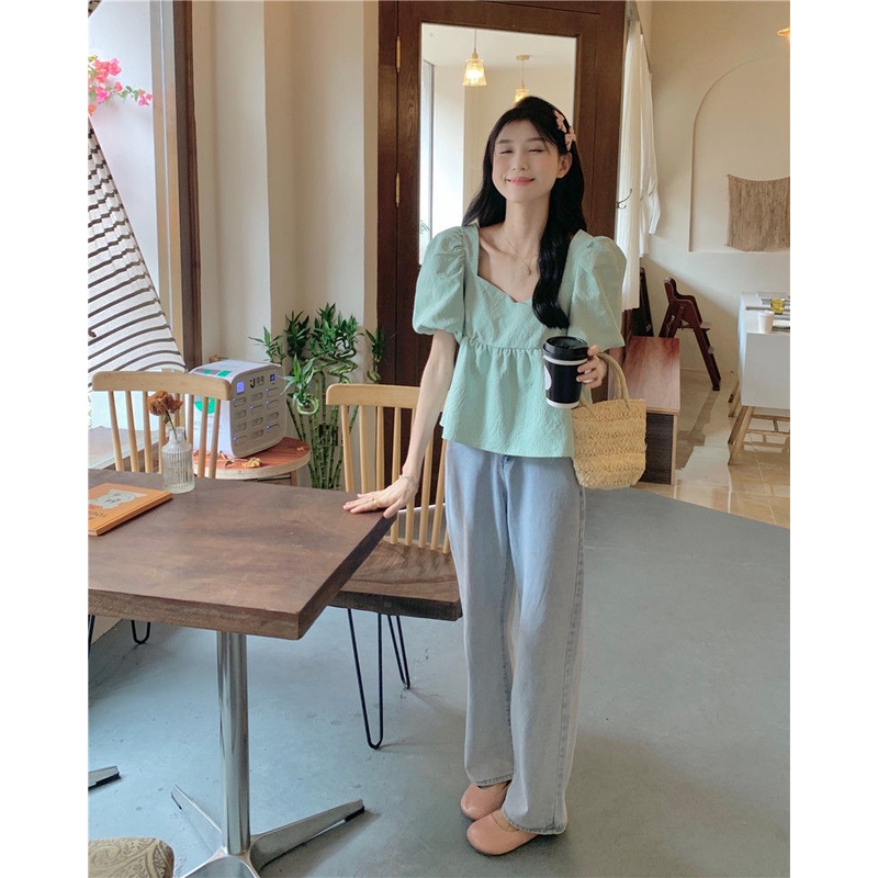 Áo Sơ Mi Tay Phồng Ngắn Cổ Vuông Màu Trơn Ngọt Ngào Thời Trang Cho Nữ