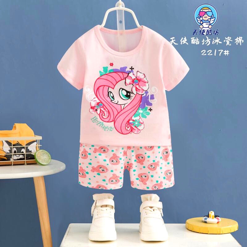 Bộ Bé Gái Hàng Quảng Châu Tianshi Xuất Hàn Cotton Mềm Thấm Hút Tốt Bộ Quần Áo Bé Gái In Hình Dễ Thương Mẫu Mới 2021