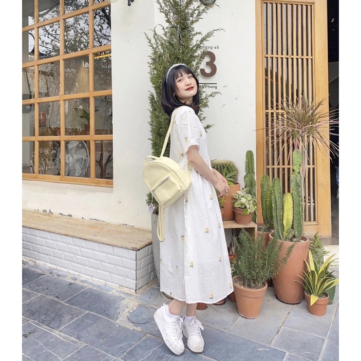 Váy babydoll hoa cúc nền trắng thô xước - đầm nữ babydoll xinh nắn có dây buộc eo