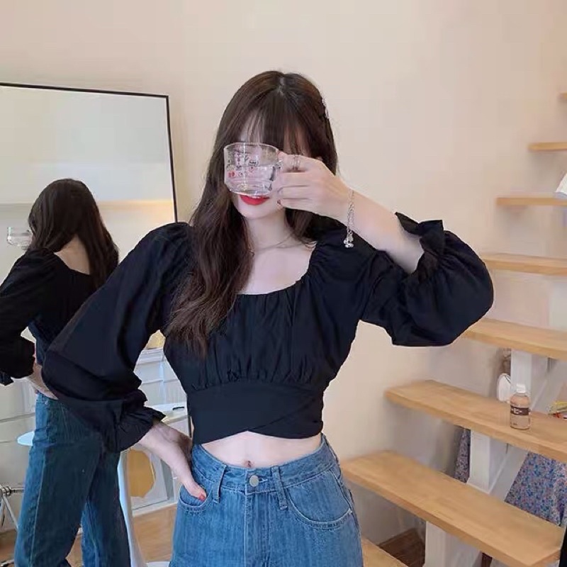 Hàng mới áo croptop voan trễ vai bánh bèo dài tay