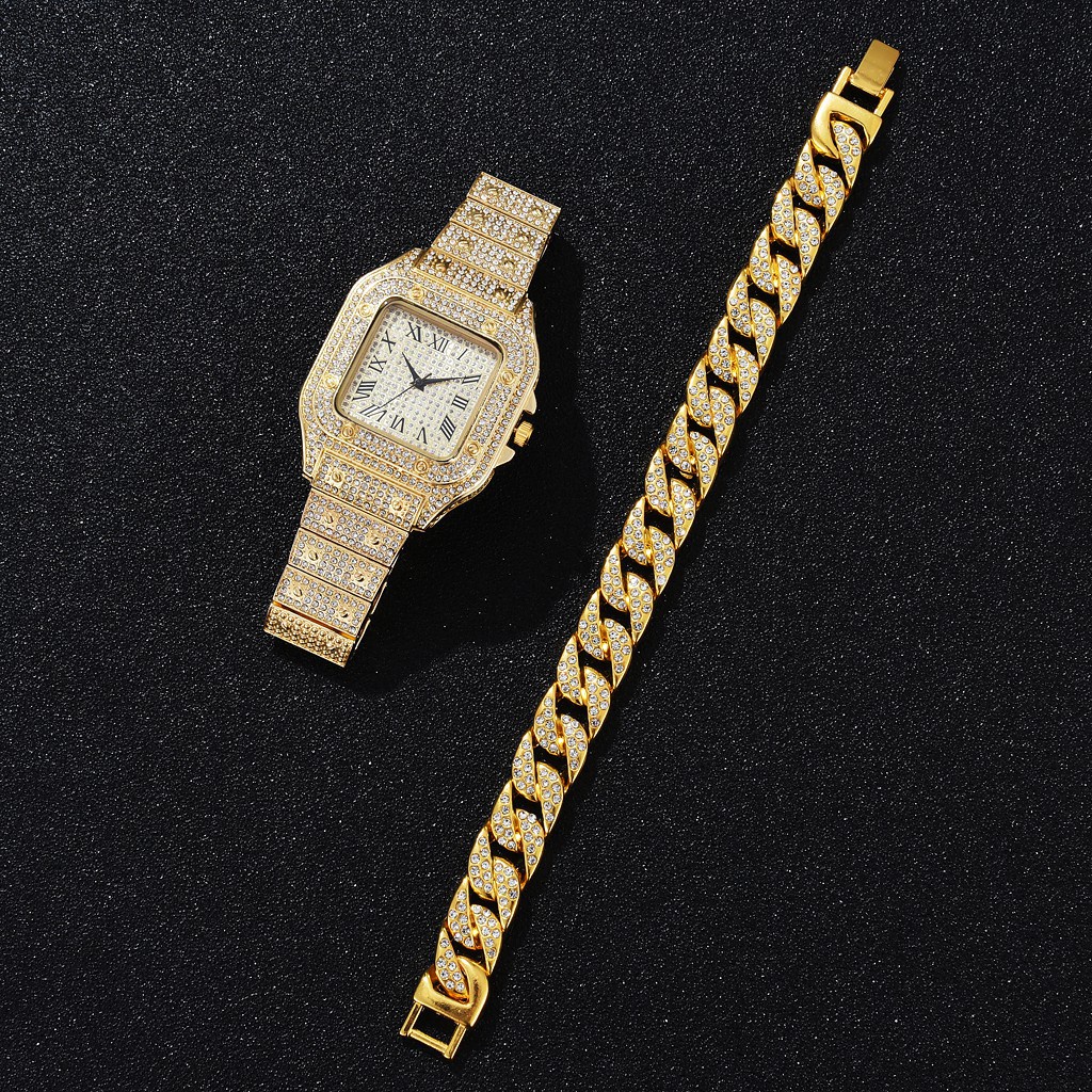 Đồng Hồ Quartz Nam Mặt Vuông Đính Hột Xoàn