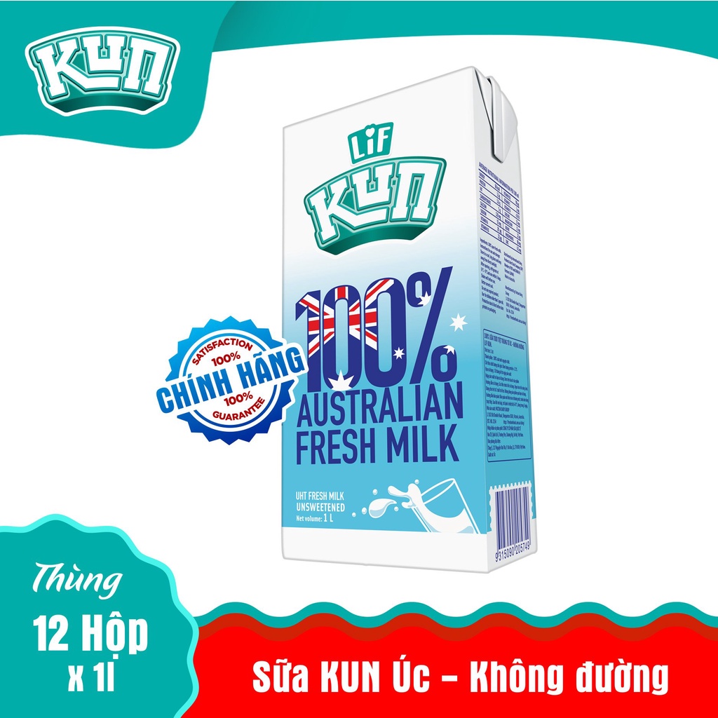 Thùng 12 Hộp Sữa tươi KUN Úc 1 Lít Không Đường