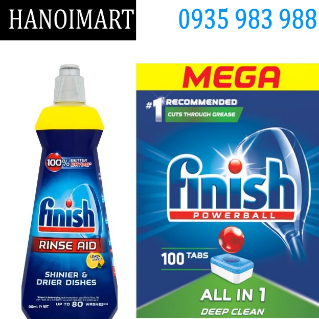 Combo 120 Viên rửa bát Finish all in 1 + Nước làm Bóng bát Finish 400ml nhập khẩu Ba Lan