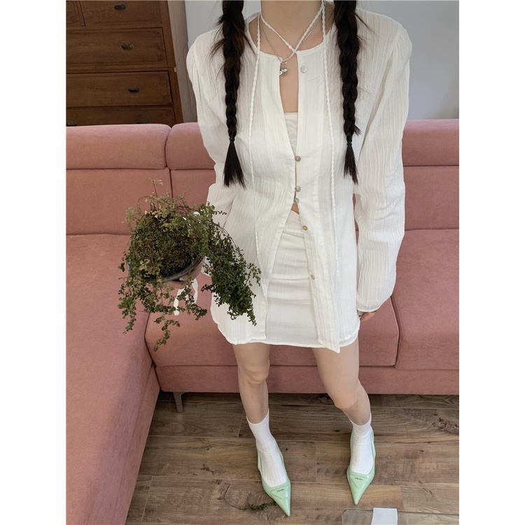 Cocory vn Set Áo Sơ Mi Tay Dài/Chân Váy Ngắn Lưng Cao Phối Ren Thời Trang Cho Nữ