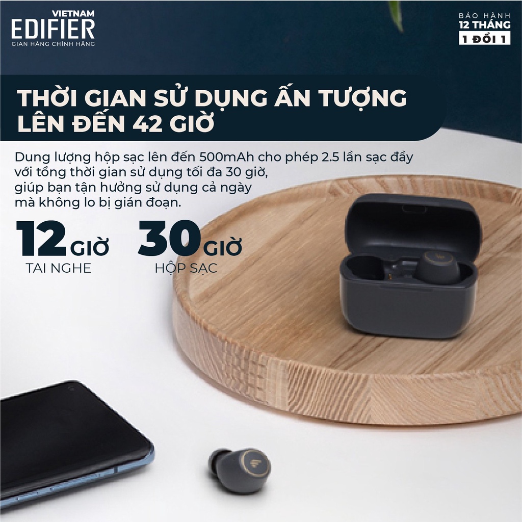 Tai nghe Bluetooth 5.2 EDIFIER TWS1 PRO - Thời gian phát 42h - Chống nước IP65 Hàng chính hãng Bảo hành 12 tháng