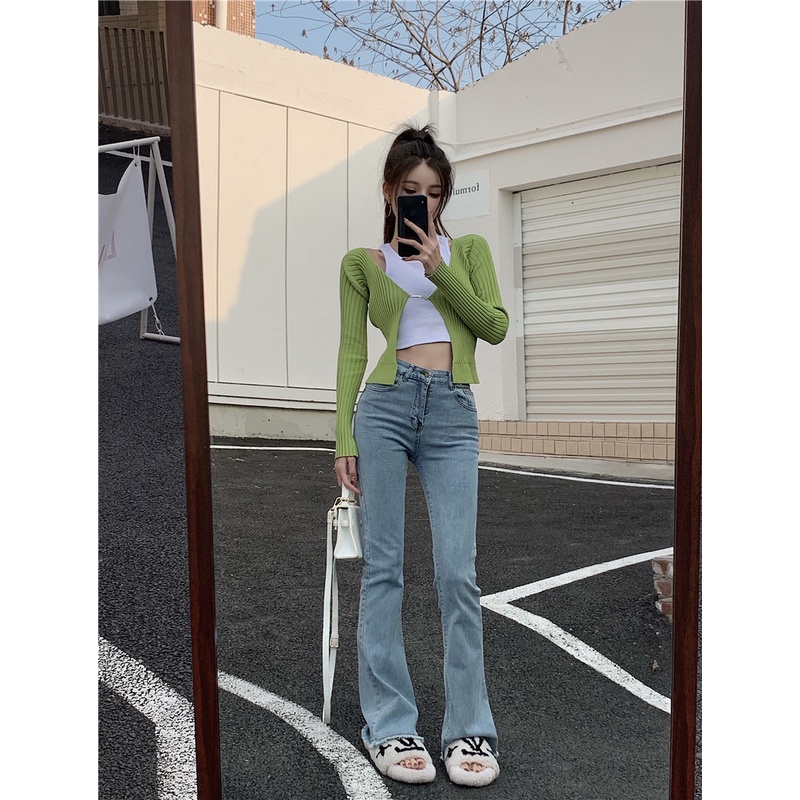 Mới Áo Khoác cardigan Dệt Kim Tay Dài Cổ Chữ V Trễ Vai