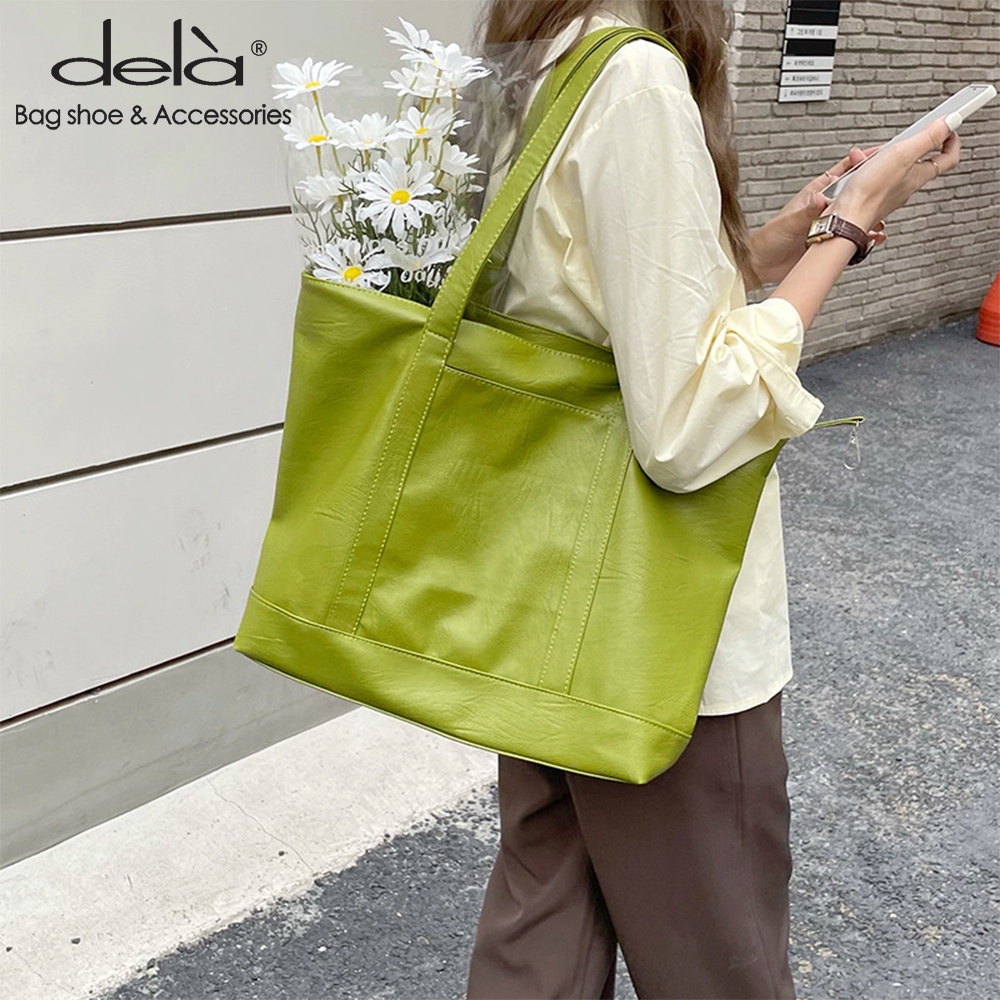 Dela Túi tote Da PU Mềm Sức Chứa Lớn Màu Xanh Bơ Dành Cho Nữ