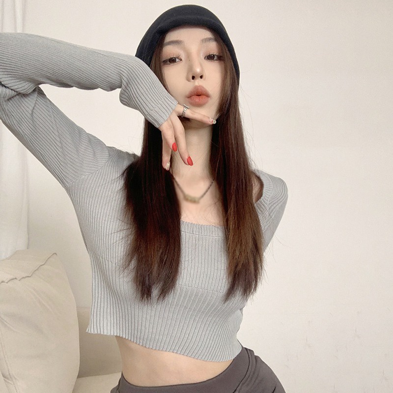 Áo Croptop Dệt Kim Tay Dài Màu Sắc Đơn Giản Phong Cách Hàn Quốc Cho Nữ