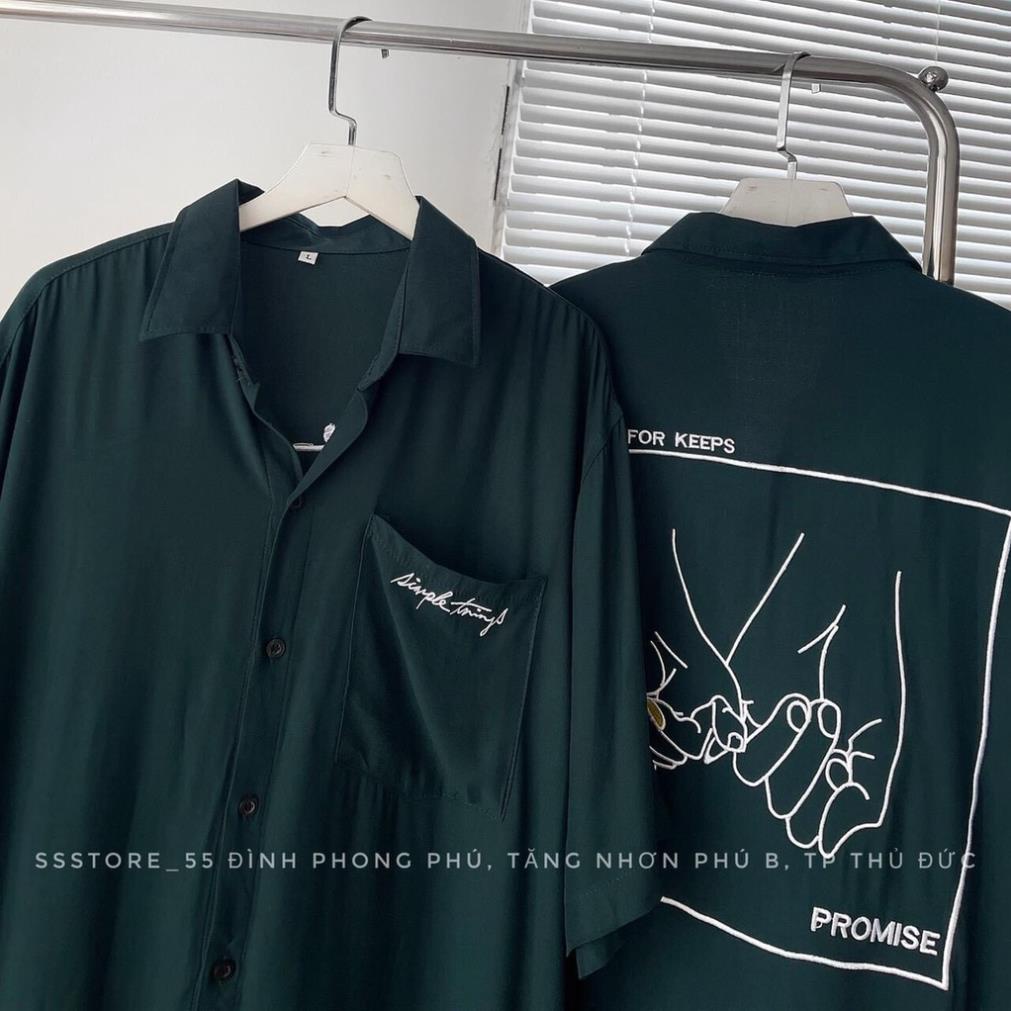 Sơ Mi Hàn Quốc Nam Nữ Thêu Hình Đôi BÀn Tay Tình Yêu Thêu Túi Ngực Màu Xanh Sơ Mi Đi Học Nam Nữ