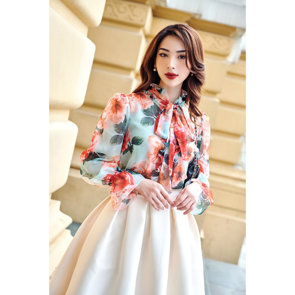 Sơ mi lụa hoa cổ bèo thắt nơ -HBSM868