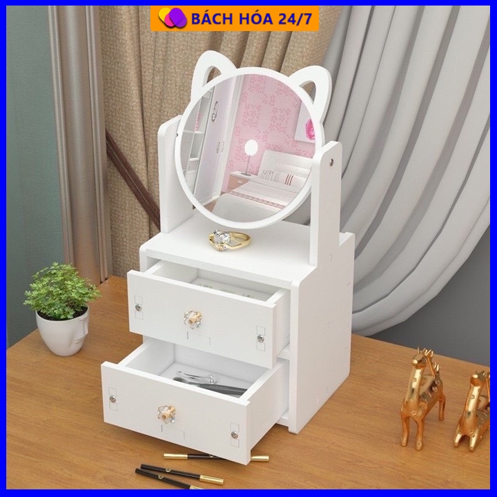 Bàn Trang Điểm Mini 2 Tầng Có Gương Mèo Hello Kitty Bằng Gỗ Nhựa Để Phòng Ngủ - Nhỏ Gọn Đựng Mỹ Phẩm