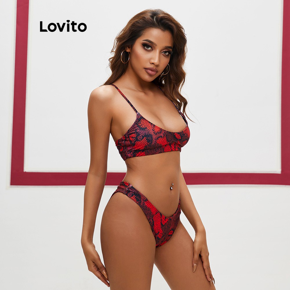 Đồ bơi Lovito hở lưng hoạ tiết da báo lưng cao L14X048 (màu đỏ)