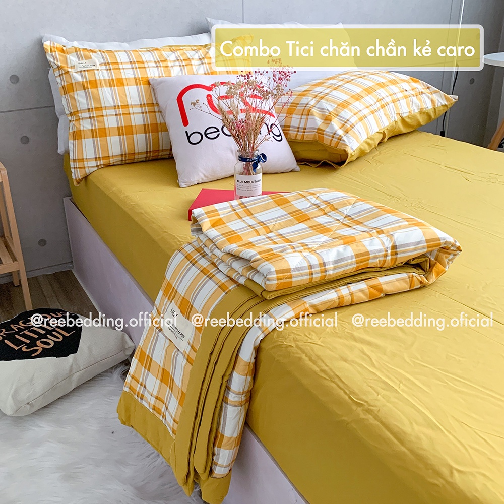 Bộ chăn ga gối Chần Bông Cotton TC REE Bedding caro vàng đủ size giường nệm CTC115