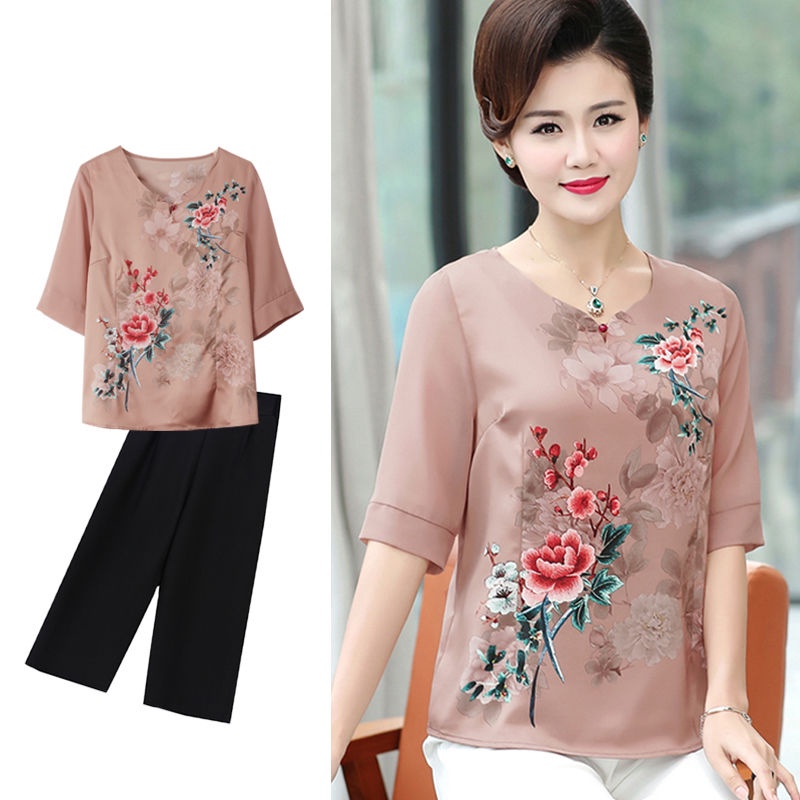 ▼♤Áo sơ mi voan phù hợp với mẹ mới 40-50 phông ngắn tay mùa hè của phụ nữ trung niên và cao tuổi danh sách hàng đầu