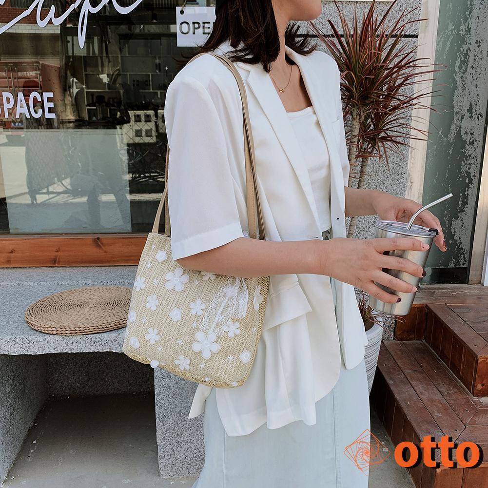 Women Straw Totes Shoulder Bag Lace Flower Portable Elegant Beach Handbag