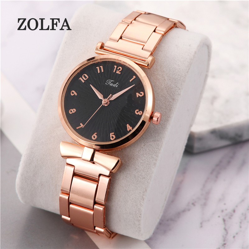 ZOLFA Elegant Rose Gold Stainless Steel Strap Female Watches Classic Black Ladies Dress Analog Clocks Đồng hồ nữ