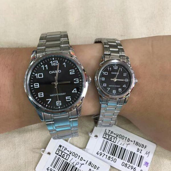 Đồng hồ đôi nam nữ dây kim loại Casio Anh Khuê MTP/LTP V001D-1B