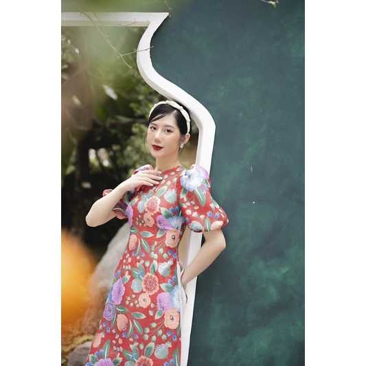 Set Áo Dài Gấm Hoa Thiết Kế Tay Bồng Xinh Xắn
