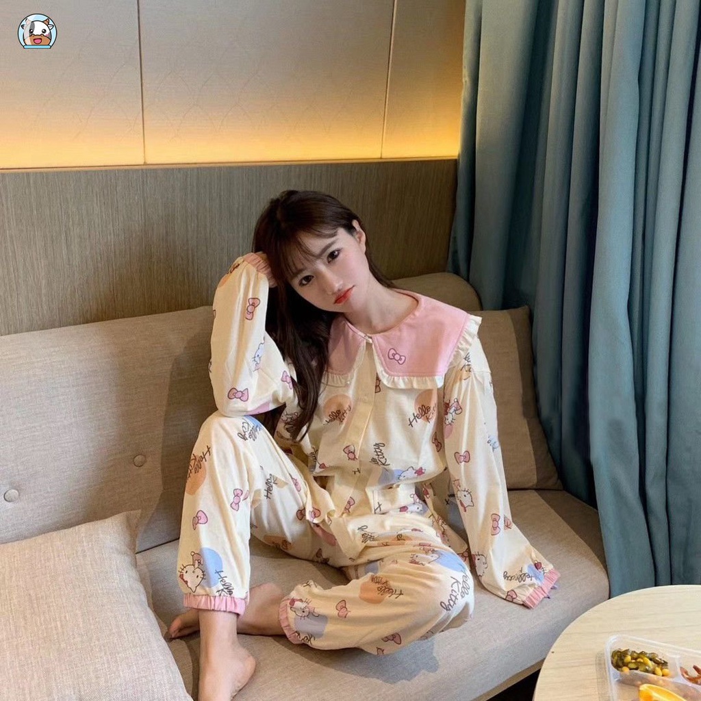 Bộ Đồ Ngủ Tay Dài In Họa Tiết Hoạt Hình Mèo Kitty Dễ Thương Thời Trang Xuân Thu Cho Nữ