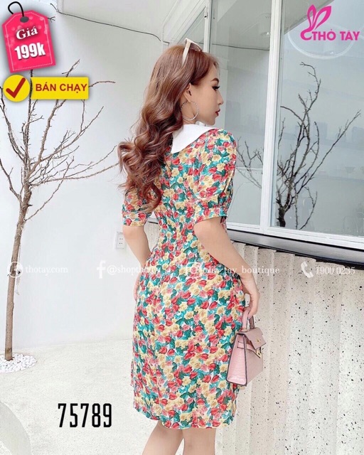 Đầm bông lụa babydoll ngắn tay cổ trắng bẻ