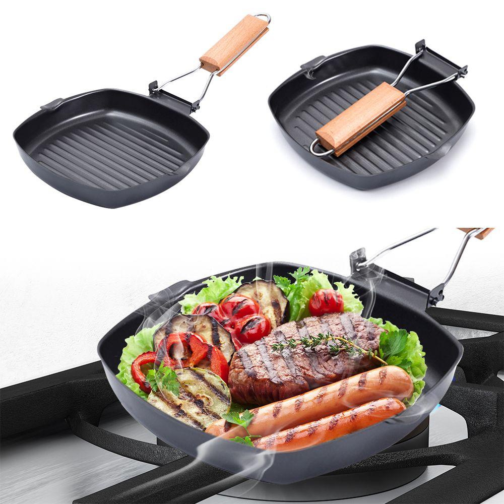 KUNHEV Chảo Chống Dính Tay Cầm Gỗ Nướng BBQ Tiện Dụng