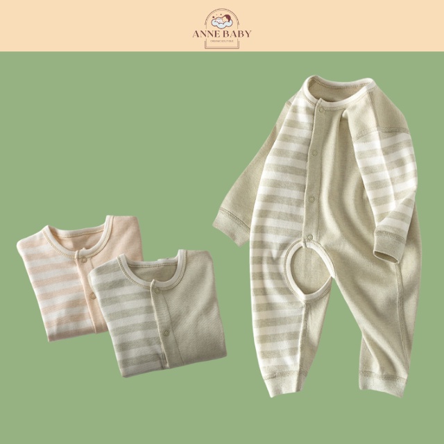 Bodysuit Mùa Hè Cho Bé Trai Bé Gái 0-2 Tuổi Cotton Organic Kẻ Sọc, Body Dài Tay Cho Bé Hữu Cơ Tự Nhiên