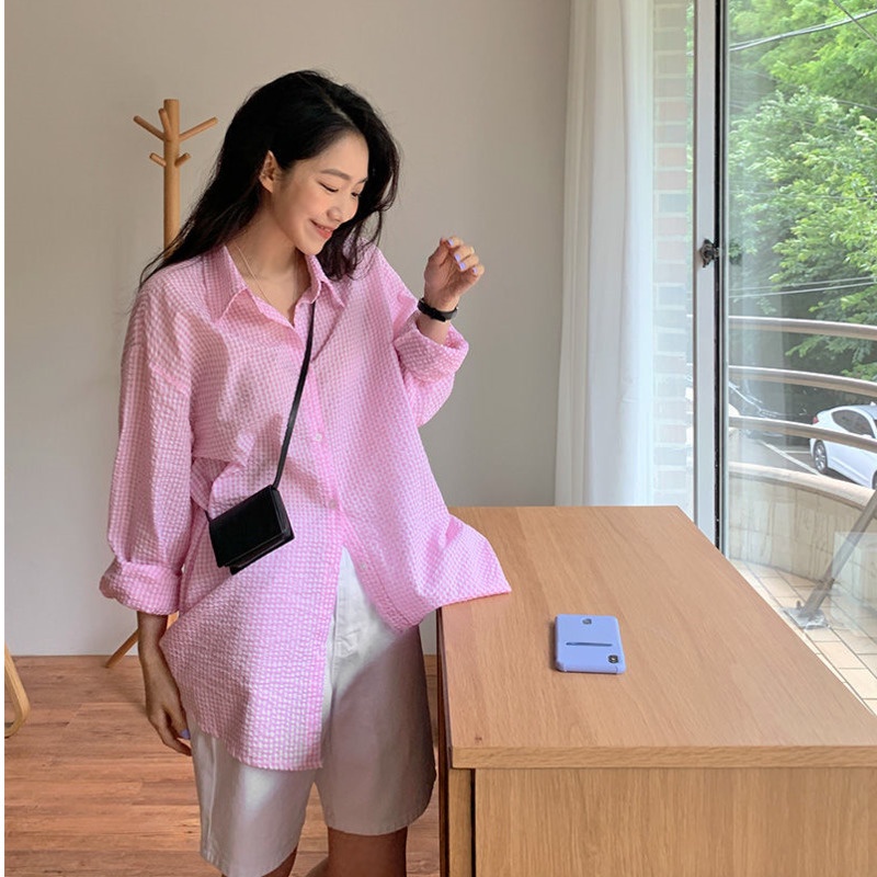 Áo Khoác cotton Dáng Dài Họa Tiết Sọc Caro Phong Cách Hàn Quốc Thời Trang Mùa Xuân Cho Nữ