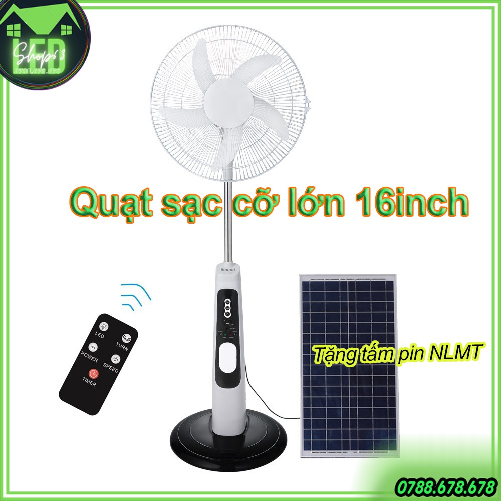 Quạt sạc cao cấp cỡ lớn 16 inch sử dụng bình ắc quy 7Ah - tặng kèm tấm pin năng lượng mặt trời (2 chế độ sạc AC - DC)