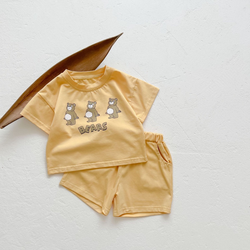 Set Đồ Mùa Hè 2 Món Gồm Áo Thun Tay Cộc In Hình Gấu + Quần Ngắn Cho Bé Sơ Sinh