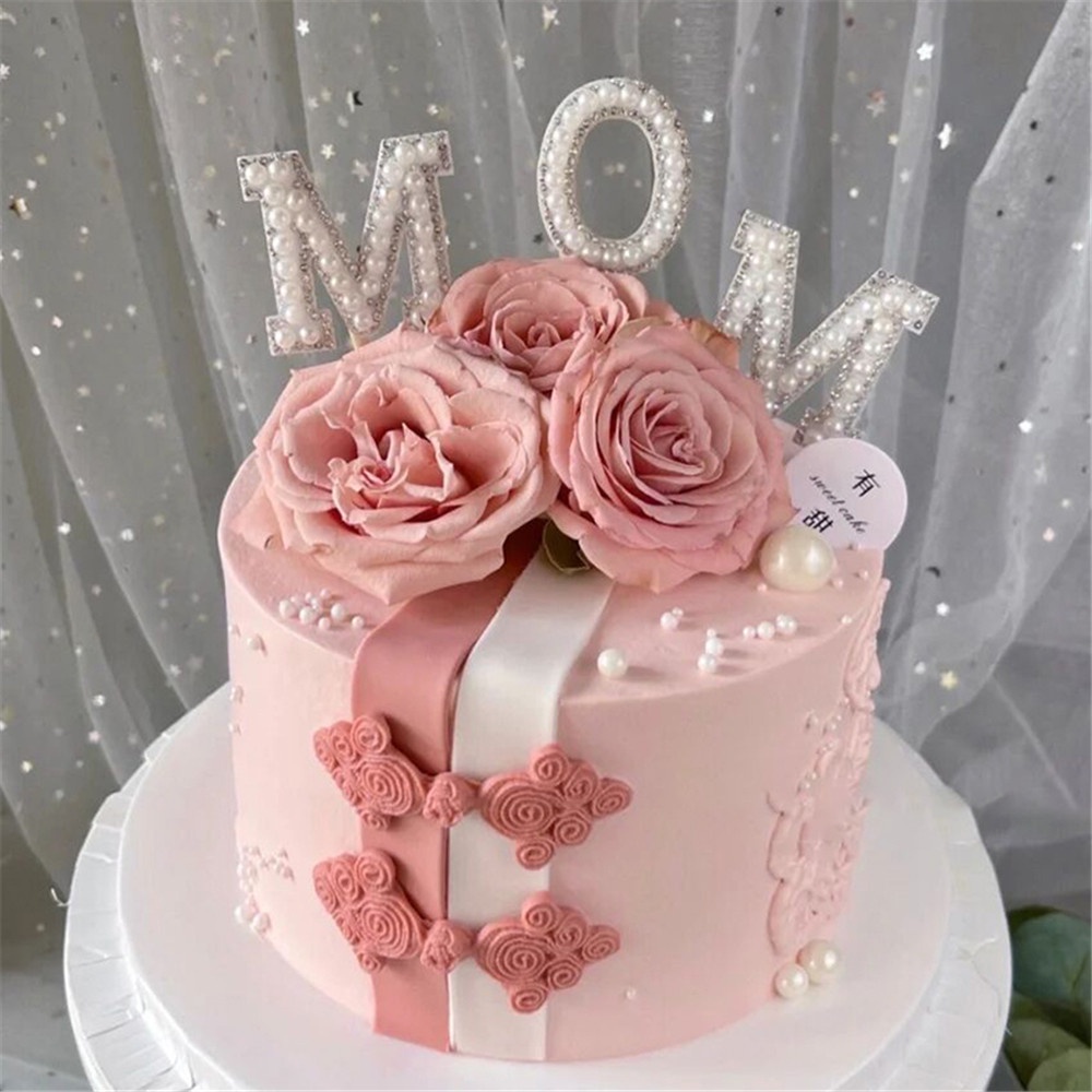 Cod Qipin Happy Bộ Phụ Kiện Cắm Trang Trí Bánh Kem Tráng Miệng Tiệc Tráng Miệng Đính Ngọc Trai Chữ Mum Dành Cho Ngày Của Mẹ
