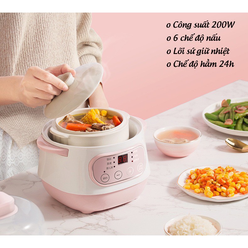 Nồi Nấu Cháo Chậm, Nồi Hầm Chậm, Ninh Hấp, Cách Thủy Dung Tích 1 Lít Công Suất 220W - Lòng Nồi Lõi Sứ