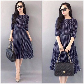 Đầm vintage chấm bi thắt eo an2372